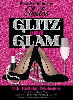 a birthday party flyer with high heel shoes and pearls on the bottom, in pink glitter