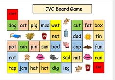 the cvc board game is shown with words and pictures to match it's colors