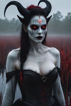 a woman with red eyes and horns standing in the grass