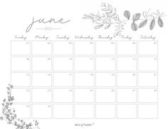 the june calendar is shown with an illustration of leaves and branches on it's side