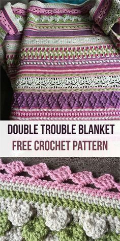 the crocheted blanket is shown with text that reads double trouble blanket free crochet pattern