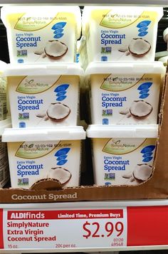 coconut spread is on display in a grocery store for $ 2 99 per pound or more