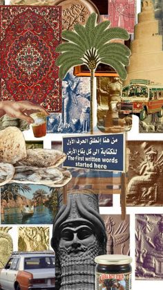 collage of various images with different types of art and architecture in arabic, including an old car