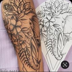 an elephant and flowers tattoo on the leg, next to a coloring book with pictures