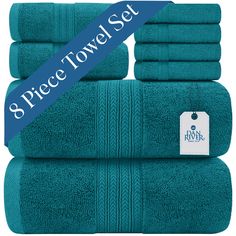 6 piece towel set in teal blue color with white tag on the front and bottom