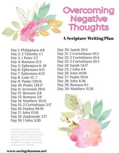 a poster with the words overcoming negative thoughts and flowers in pink, green and yellow