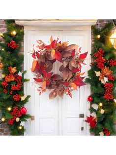 a wreath is hanging on the front door with christmas decorations and garlands around it