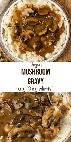 vegan mushroom gravy on top of mashed potatoes