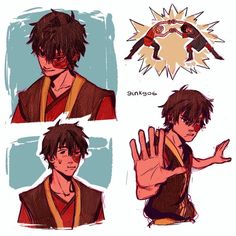 three pictures of an anime character with different hair styles and facial expressions, one is holding his hand up in the air