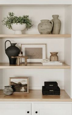 Picture Layering On Shelf, Decorating Shelves Living Room, Simple Built In Shelves Decor, Modern Farmhouse Shelf Styling, Build In Shelf Decor, Plants On Built In Shelves, 2 Shelf Styling, Modern Shelving Decor, Shelf Decor Dark Wood