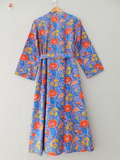 A stunning Block Printed cotton robes at an affordable price. Perfect as a Bridesmaid Robes. Treat yourself to luxurious comfort whether you're winding down for bed, getting ready for the day or simply relaxing by cozying up in this robe. Made from our incredibly soft and lightweight cotton that's perfect for any season of the year, A colorful floral pattern creates a dreamy look in pastel hues that help you relax and unwind, while the cotton tie accent at the waist makes it easy for you to wear Cotton Long Sleeve Spring Gown, Spring Cotton Long Sleeve Gown, Spring Long Sleeve Cotton Gown, Cotton Dressing Gown, Printed Kimono, Bath Robes For Women, Kimono Design, Kimono Robes, Printed Robe