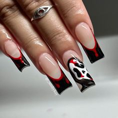 #ghostface #halloweennails #nails #longnails #meduim nails #frenchnails #blackfrenchnails Ghostface Nail Tutorial, Alabama Football Nails Crimson Tide, Medium Length Nails Halloween, Horror Nail Art Designs, Easy Ghostface Nails, Jason Voorhees Nail Art, Halloween Nail Inspo 2024, Ghostface Short Nails, Ghostface Nail Art