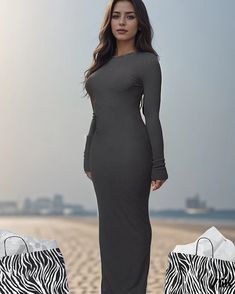 Zlily - Stylish Solid Color Fitted Round Neck Long Sleeve Dress Chic Gray Long Sleeve Midi Dress, Chic Long Sleeve Gray Midi Dress, Fitted Long Sleeve Maxi Dress For Day Out, Gray Long Sleeve Midi Dress For Spring, Long Sleeve Bodycon Midi Dress For Day Out, Bodycon Long Sleeve Midi Dress For Day Out, Chic Gray Long Sleeve Maxi Dress, Chic Gray Long Sleeve Bodycon Dress, Gray Bodycon Midi Dress For Spring