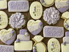 decorated cookies are arranged on a table