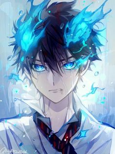 an anime character with blue eyes and black hair