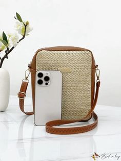 BirdinBag - Stylish Grass Woven Womens Beach Vacation Single Shoulder Crossbody Bag Travel Rectangular Straw Bag With Detachable Strap, Casual Rectangular Box Bag For Travel, Casual Travel Straw Crossbody Bag, Casual Straw Crossbody Bag For Travel, Beach Crossbody Box Bag With Adjustable Strap, Casual Beach Box Bag In Shoulder Style, Large Capacity Crossbody Straw Bag For Travel, Vacation Shoulder Box Bag With Adjustable Strap, Beige Phone Bag For Summer Travel