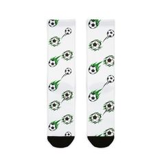 Soccer-themed crew socks perfect for soccer players or enthusiasts. These socks are lightweight, durable, and comfortable, made with a polyester, acrylic, nylon, and spandex blend. They fit universal sizes for both men and women, and feature black heels and toes. Ideal for soccer games, practices, or casual wear. Product features - Polyester, acrylic, nylon, and spandex blend for strength and durability - Lightweight and soft material - Universal size for men's and women's sizes - Durable 200 needle knit fabric - Crew sock fit Care instructions - Tumble dry: low heat - Do not bleach - Machine wash: cold (max 30C or 90F), gentle cycle World Cup Socks, Soccer Socks Boys, Anti-odor Green Sports Socks, Soccer Games, Sport Socks, Soccer Players, Knitting Needles, Crew Socks, Soccer