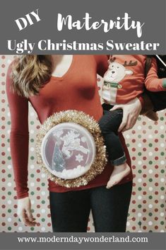 a woman holding a baby in her arms with the words, my materiality ugly christmas sweater