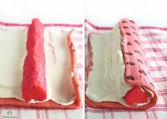 two pictures of a cake with white frosting and red icing