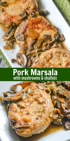 pork marsala with mushrooms and shallots on a white plate