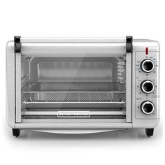 a toaster oven that is open and ready to be used in the kitchen or dining room