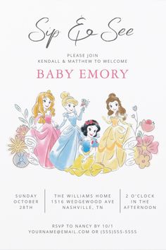 an image of a baby shower party with princesses on the front and back side