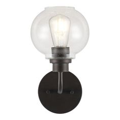 a wall light with a glass globe on the front and back of it's arm