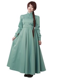 PRICES MAY VARY. The whole costume is a princess A-line style green dress with long sleeves. The back zipper and buttoned cuff make it easy to wear such an elegant dress. The dress looks elegant with the buttoned chest part and the lace hemline on the collar. It will not be bad to choose such an elegant dress for the cosplay party with a hat. Women Cosplay Costume Size Chart (inch/cm):
 Women XS: Height 4'11"-5'1"/150-155, Bust 31-32"/79-82, Waist 24-25.5"/62-65, Hips 32-34"/79-87.
 Women S: Hei Green Dress With Long Sleeves, Sophie Cosplay, Green Dress Long Sleeve, Little Women Costumes, Pastel Green Dress, Dress With White Collar, Womens Costume, Modest Apparel, Long Green Dress