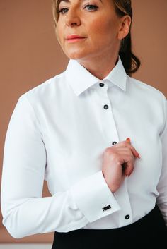 Classic Blouse With Fold Down Collar And Buttons, Timeless Formal Blouse, White Formal Blouse With Button Closure, Classic Blouse With Spread Collar And Covered Buttons, Timeless Formal Blouse With Spread Collar, Timeless Business Tops, Formal White Buttoned Top, Elegant Shirt With Fold Down Collar For Office Wear, White Button-up Blouse For Formal Occasions