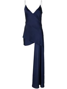 navy blue satin finish layered details V-neck spaghetti straps thigh-length asymmetric hem Dark Blue Dress Silk, Midnight Blue Silk Dress, Navy Corset Silk Dress, Luxury Blue Asymmetrical Dress, Dark Blue Runway Dress, Long Blue Dress, Blue V, Dress Satin, Asymmetrical Hem