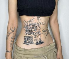 a woman with tattoos on her stomach and the words i won't be like this forever