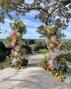 an arch made out of flowers and oranges