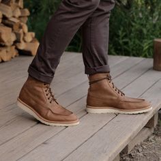 Our modern take on the classic moc toe boot offers sneaker-like comfort, work boot function, and versatile style that’s office-ready yet built for the campsite.Tobacco is a waterproof leather with beautiful texture and dimension. The dyes and waxes used to finish the leather give it a soft, velvety touch. Hozier Aesthetic, Timeless Boots, Men’s Boots, Mens Attire, Thick Socks