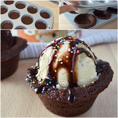 an ice cream sundae with chocolate icing and sprinkles on top