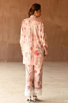 Pink shirt style tunic in a floral print base with scalloped borders, pleated frill on cuffs and collar. Comes with lace embellished hem pant. - Aza Fashions Tunic With Pants, Pant For Women, Tunic Pattern, How To Hem Pants, Lace Neckline, Floral Print Shirt, Pink Shirt, High Collar, Aza Fashion