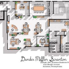 an office floor plan with several desks and chairs in the center, including two kitchen areas