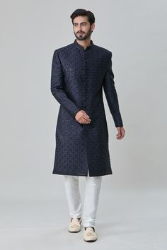 Navy blue sherwani with floral embroidery and sequin highlights. Paired with churidar. - Aza Fashions Blue Bandhgala With Mirror Work For Wedding, Wedding Blue Bandhgala With Mirror Work, Wedding Blue Sherwani With Mirror Work, Navy Blue Sherwani, Blue Sherwani, Sequin Art, Silk Embroidery, Churidar, Full Sleeves