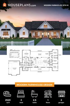 the modern farmhouse house plan is shown