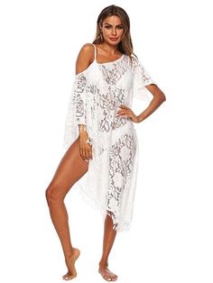 Loose Lace Tasseled Irregular Beach Cover-Up - rrdeye Off-shoulder Beach Dress For Summer Vacation, Summer Off-shoulder Beach Dress, Off-shoulder Beach Dress Cover-up, Bohemian Off-shoulder Beach Dress, Off-shoulder Summer Beach Dress, Off-shoulder Beach Dress For Summer, Bohemian Off-shoulder Beach Dress For Beach Season, White One-shoulder Swimwear For Beach, Off-shoulder Beach Dress For Vacation