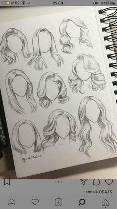 a drawing book with different hair styles on the page and an iphone next to it