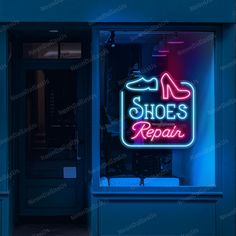 the neon shoe repair sign is lit up