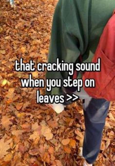 a person walking in leaves with a backpack on their back and the caption that reads, that cracking sound when you step on leaves