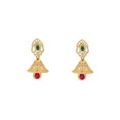 Pair this dazzling set of 22k yellow gold jhumka earrings with bridal, traditional, or other formal gowns when you want to add a pair of Indian gold earrings with cultural significance to your look.Features• 22K Yellow Gold• Cubic zirconia• Emerald• RubyA new pair of 22k gold jhumka earrings is just what your jewelry collection needs! Our assortment of fine gold jewelry for women includes a vast assortment of 22 karat gold earrings in traditional and western styles for all occasions. Find simila Yellow Gold Jhumkas For Reception And Festivals, Indian Gold Earrings, Gold Jhumka, Gold Jhumka Earrings, Fine Gold Jewelry, Gold Bead Necklace, Ruby Emerald, Gold Jewelry Indian, Jhumka Earrings