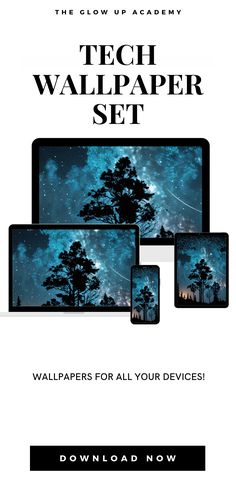 the tech wallpaper set is shown in three different screens and features an image of trees