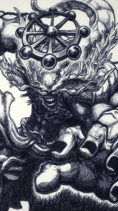 a black and white drawing of a demon