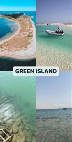 four different pictures with the words green island written in white and blue above them is an image of a boat