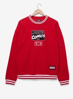 Show off your Marvel style with this comic book crewneck! This sweatshirt features embroidered "Marvel Comics Since 1939" lettering on the front  plus an applique of "39" on the back. It's a must-have for any off-duty hero.A BoxLunch Exclusive!60% sustainable cotton; 40% polyester fleeceListed in unisex sizesWash cold with like colors; dry lowImported Book Crewneck, Marvel Names, Marvel Merch, Marvel Style, Marvel Gifts, Geek Clothes, Marvel Clothes, Marvel Comics Superheroes, Men's Sweaters