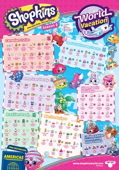 the shopkins world vacation poster is shown in pink and blue with various stickers on it