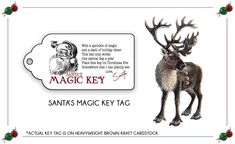 a christmas card with an image of santa's magic key tag and reindeer head