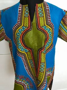 Blue Green Cotton African Dashiki shirt Large African Dashiki Shirt, Dashiki Shirt, African Dashiki, Pompano Beach, African Print Fabric, Green Cotton, Print Fabric, African Print, Favorite Outfit